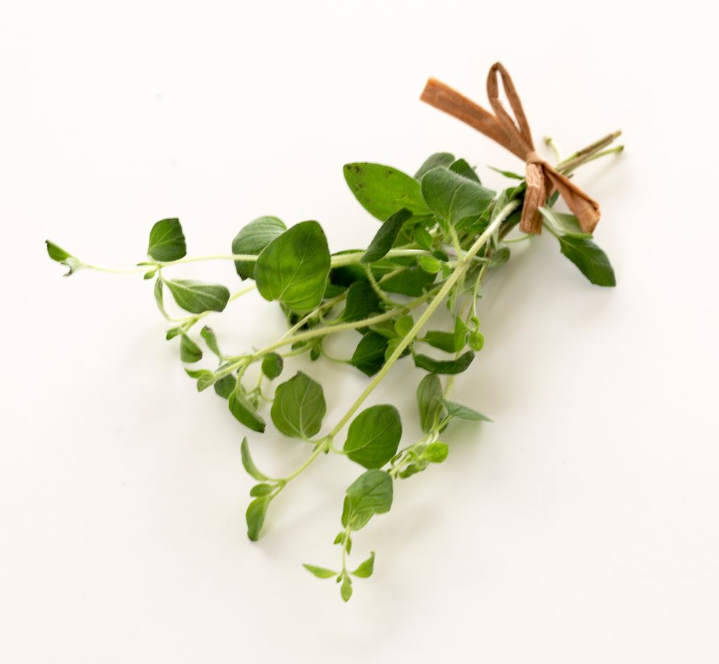 Liten bunt oregano bunden saman med ei sløyfe. Foto.
