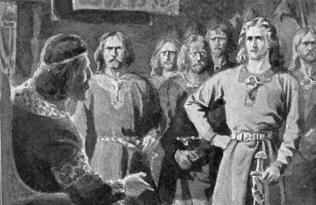 Gunnlaug møter kongen sammen med mange menn. Illustrasjon.