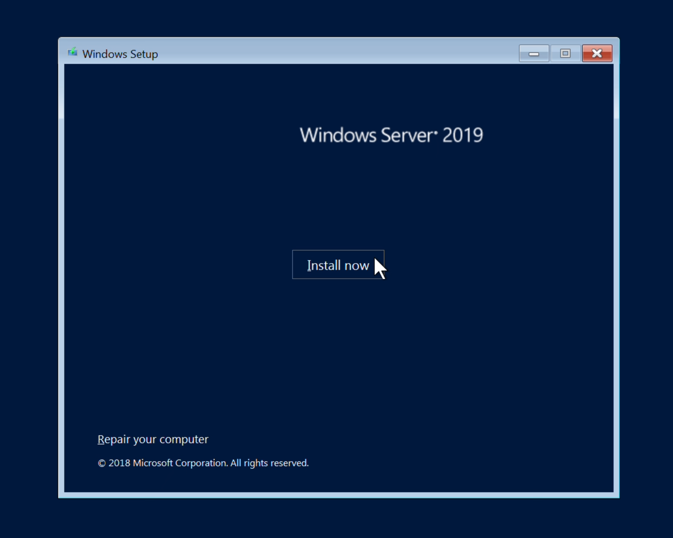 Vindu med valgene "install now" og "Repair your computer". Skjermbilde fra Windows Server 2019