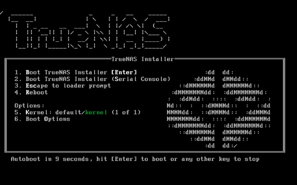 Tekstbasert startmeny for TrueNAS. Skjermbilde.