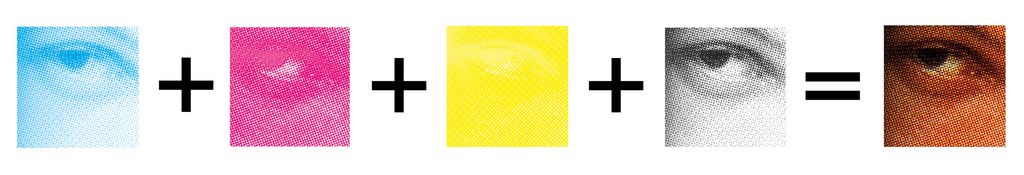 Fargefotografi som viser CMYK-fargetrykkene hver for seg og samlet. Foto.