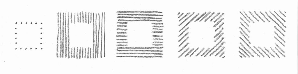 Fem kvadrater. Et kvadrat er tegnet med punkter, og fire kvadrater er dannet i mellomrommet mellom vertikale, horisontale og diagonale streker. Blyanttegning.
