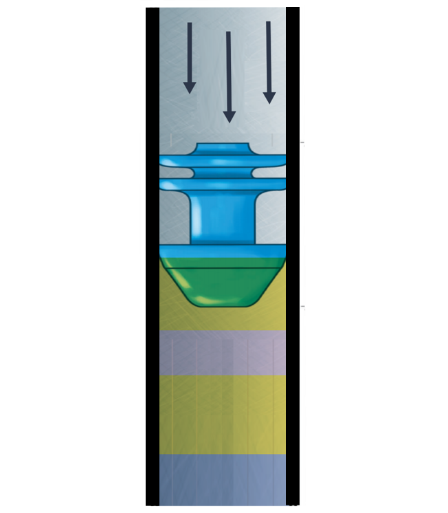 Rensetoget består av ulike rensevæsker som er atskilt med viskøse mellomvæsker. Bak rensetoget er det en pigg som skyver væskene framover i røret. Illustrasjon.