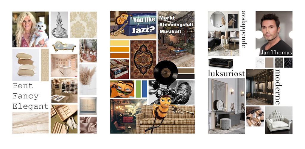 Tre moodboards for tre ulike kjendisar. Bileta viser portrett av kjendisen, fargepalett, møblar og inventar. Kollasj.