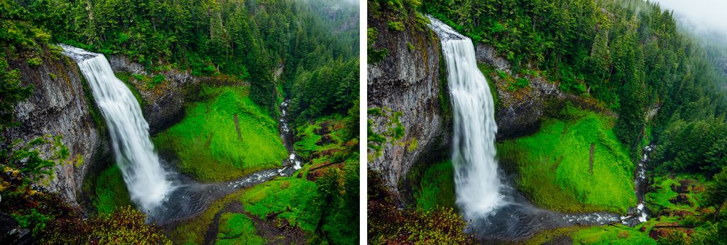 Foss i grønt skoglandskap. Motivet vises i to ulike utsnitt. I det andre utsnittet utgjør fossen en loddrett linje og motivet er plassert i fokuspunkt etter tredelingsregelen. Foto.