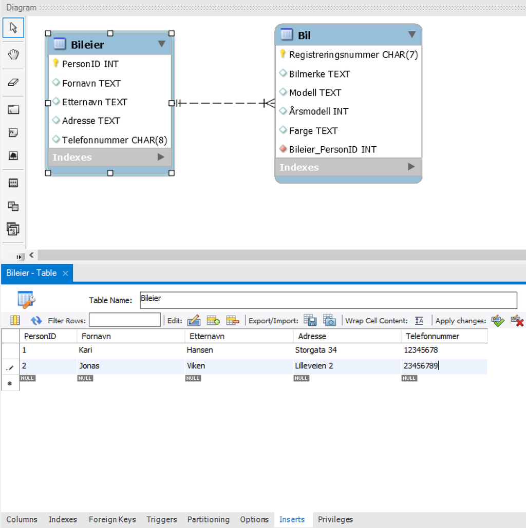 Skjermbilde fra programmet MySQL Workbench.