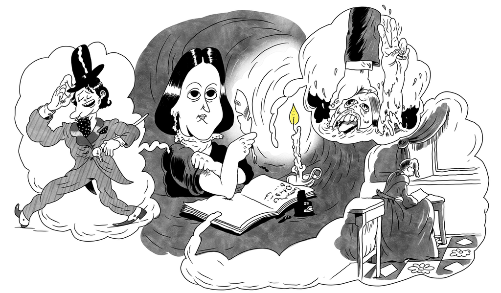 Ei kvinne skriv med fjørpenn i ei bok. Frå boka kjem det bilete i teikneseriebobler: ein flott mann med flosshatt, ein person som kjempar med å halde hovudet over vatnet, og ei kvinne ved eit skrivebord. Illustrasjon.