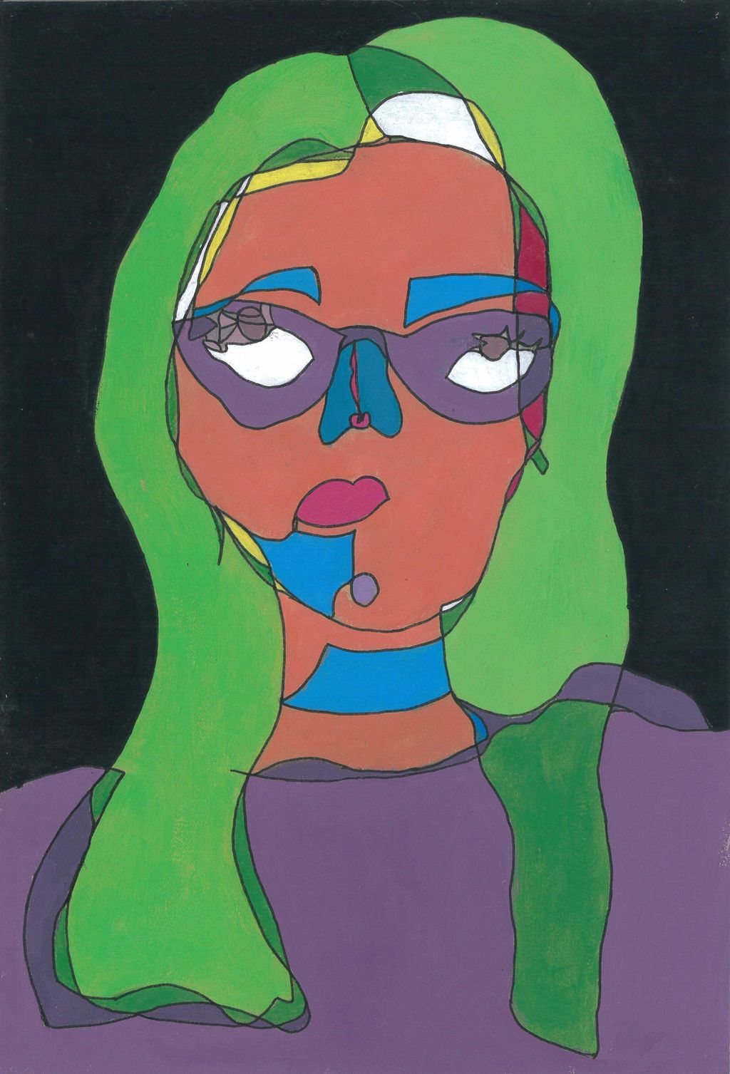 Portrett med ekspressiv fargebruk. Maleri med tegnet konturlinje.