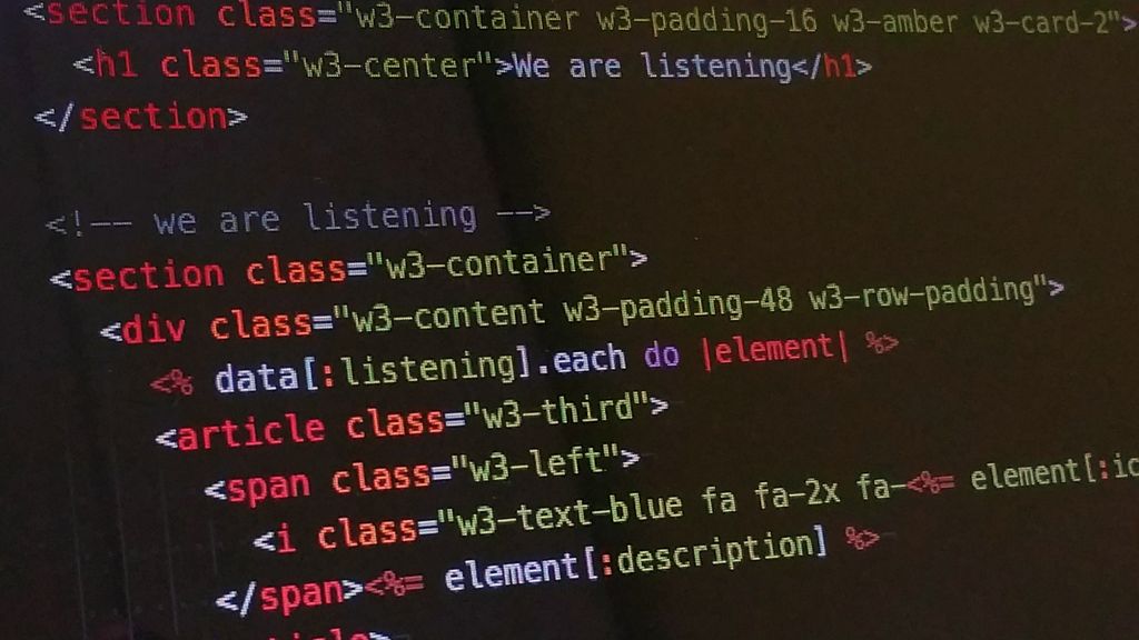 Utsnitt av dataskjerm med HTML-kode. Foto.