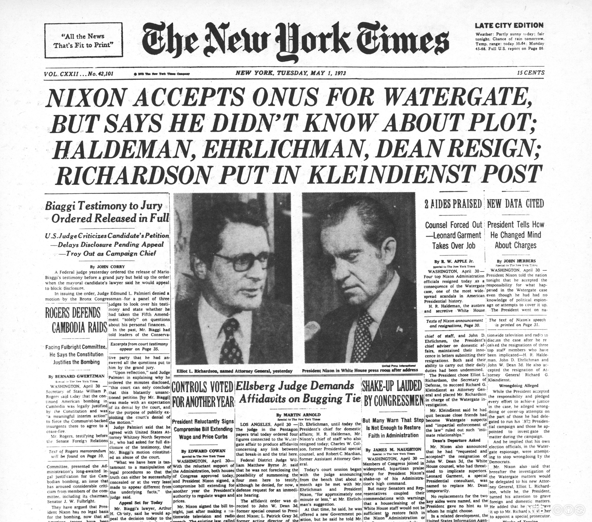 Front page of the New York Times about the Watergate Scandal. Newspaper. 