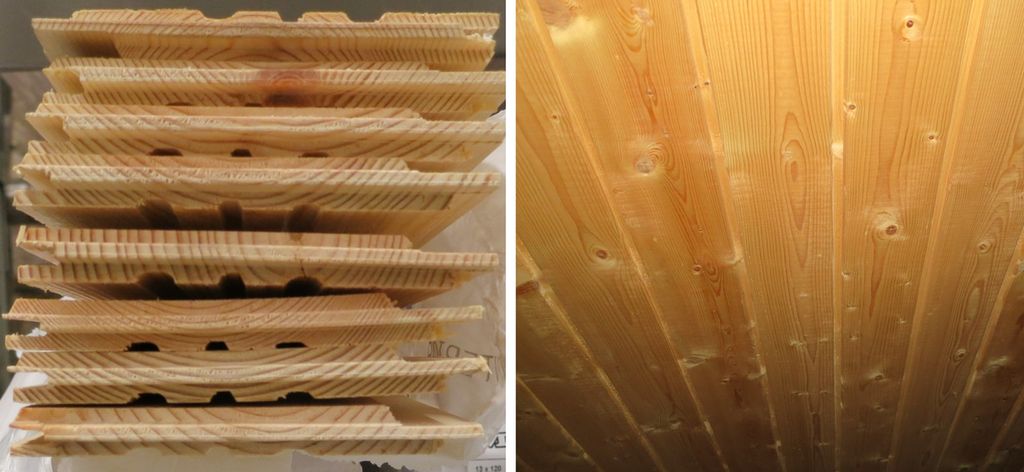 Trepanel stablet og trepanel lagt i tak. Kollasj.