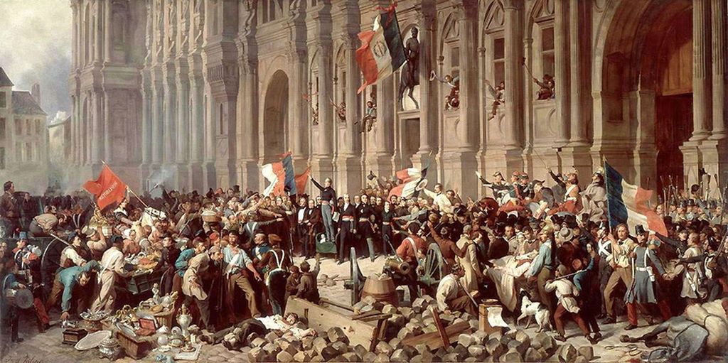 Maleriet "Den franske revolusjon av 1848". Det viser en kaotisk scene foran rådhuset i Paris der en person står og taler mellom franske flagg, revolusjonære i uniformer, soldater i uniformer og også enklere kledde mennesker. Noen er skadde. Det ligger løs brostein rundt omkring. 