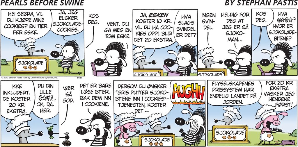 Tegneseriestripe om ordtaket "Perler for svin". Sebrakarakteren vil kjøpe en eske sjokoladekjeks, men må betale ekstra for både kjeks, sjokolade og håndvask. Illustrasjon.
