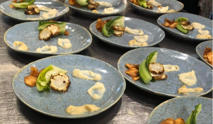 Mange blå tallerkener med tre klatter ulike typer blomkålpuré, smørdunstet blomkålblad og bakt blomkålstilk. Foto.