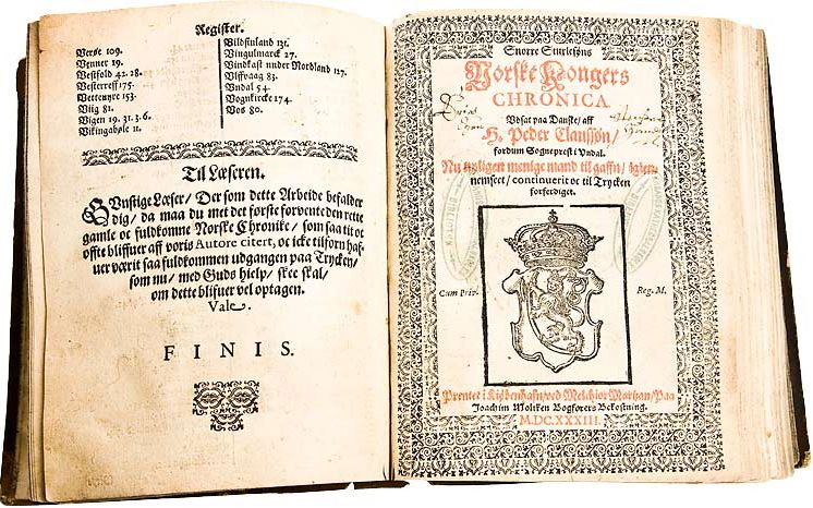 Tittelbladene til Norske kongers Chronica fra 1633. Faksimile.