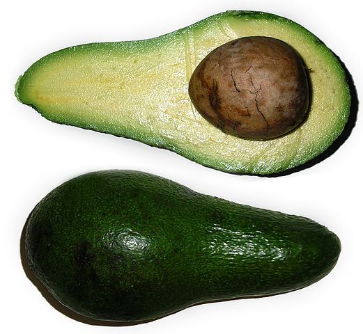 En grønn frukt med stort frø i midten. Avokado. Foto.