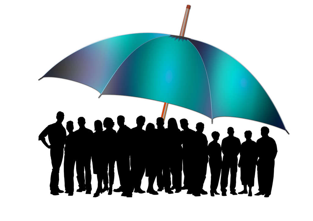 Silhuett av stor gruppe mennesker under diger paraply. Illustrasjon.