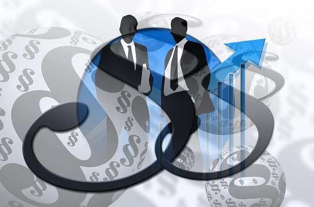 Midt i bildet er silhuetten av to menn i dress, og i bakgrunnen er det en blå pil som peker oppover, og mange paragraftegn. Illustrasjon.