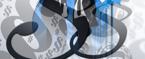 To dresskledde personer i ei sky av paragraftegn og piler. Illustrasjon.