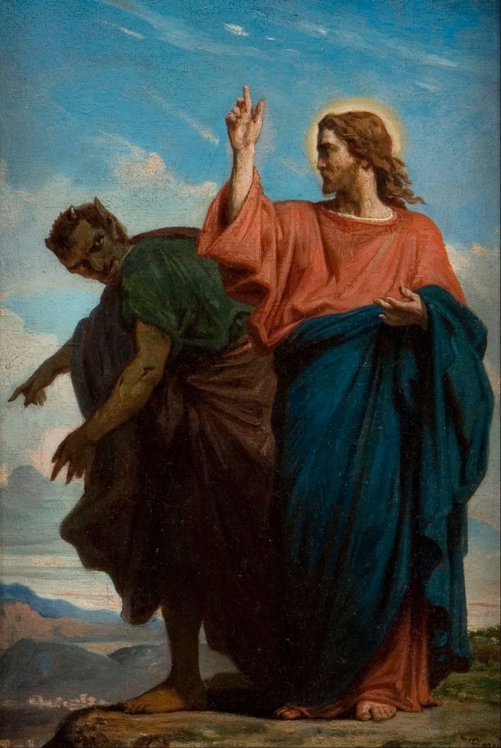 Maleri av Jesus med glorie som holder en finger i været. Bak ham står en mørk skikkelse med horn i pannen. Maleri.