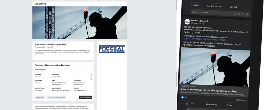 Jobbannonse på nett. Visning av både nettside og annonsen slik den vises i en facebook feed. Foto.