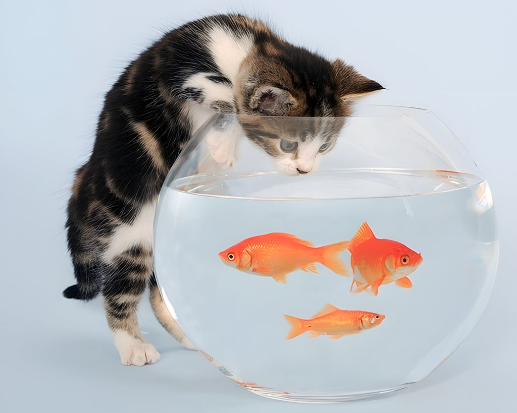 Ein katt står bøygd over ein glasbolle og kikkar ned på tre gullfiskar. Foto.