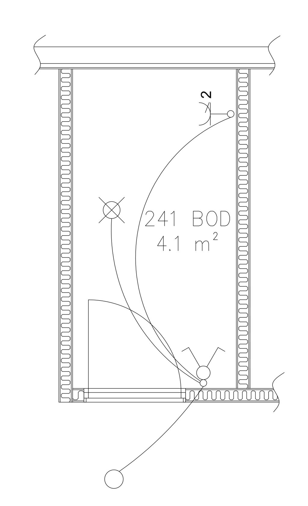 Serievender i bod. Teksten viser romnummeret og at rommet er 4,1 kvadratmeter stort. De bølgete strekene i veggene indikerer at rommet er isolert. Illustrasjon.