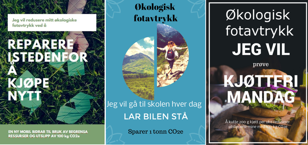 Kollasj av plakater om økologisk fotavtrykk. Foto.