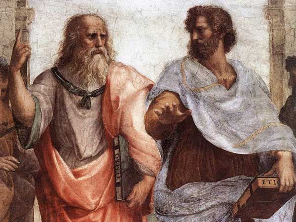Platon og Aristoteles i utsnitt av fresken Skolen i Athen av Rafael. Maleri.