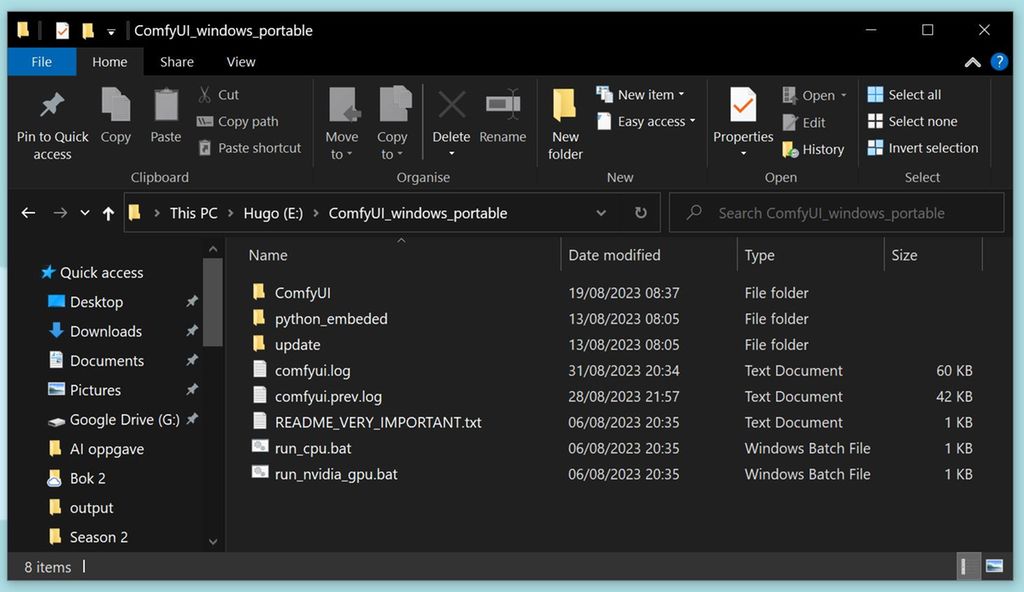 Mappe i Windows som viser flere filer og undermapper. Skjermbilde.