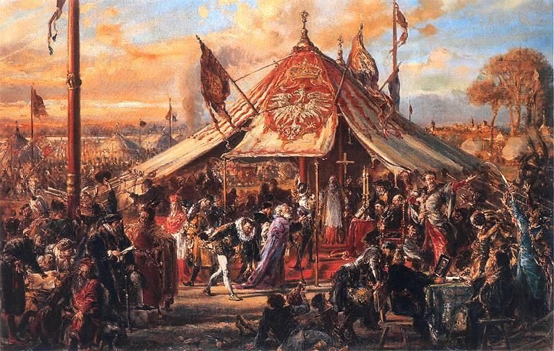 Eit stort utsmykka telt pryda med flagg. Inni teltet står ein prest og eit alter med kors og talglys. Mange menneske er samla utanfor teltet i grupper. Fleire telt kan sjåast i bakgrunnen. Måleri.