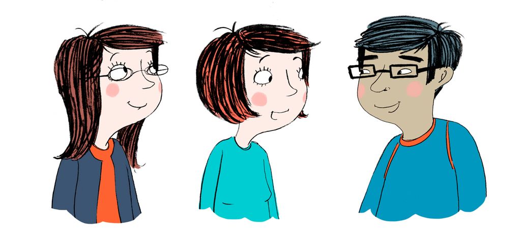 Tre studenter snakker sammen. Tankebobler av hver sine interesser. Illustrasjon