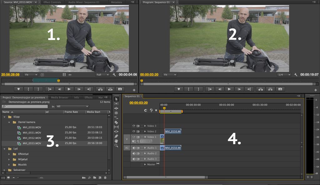 Vindu i videoredigeringsprogrammet Adobe Premiere Pro. Skjermdumper.