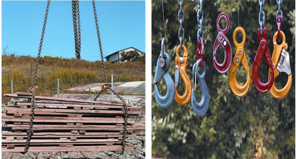 Til venstre kjetting festet rundt en stabel trelast, til høyre løftekroker. Foto.
