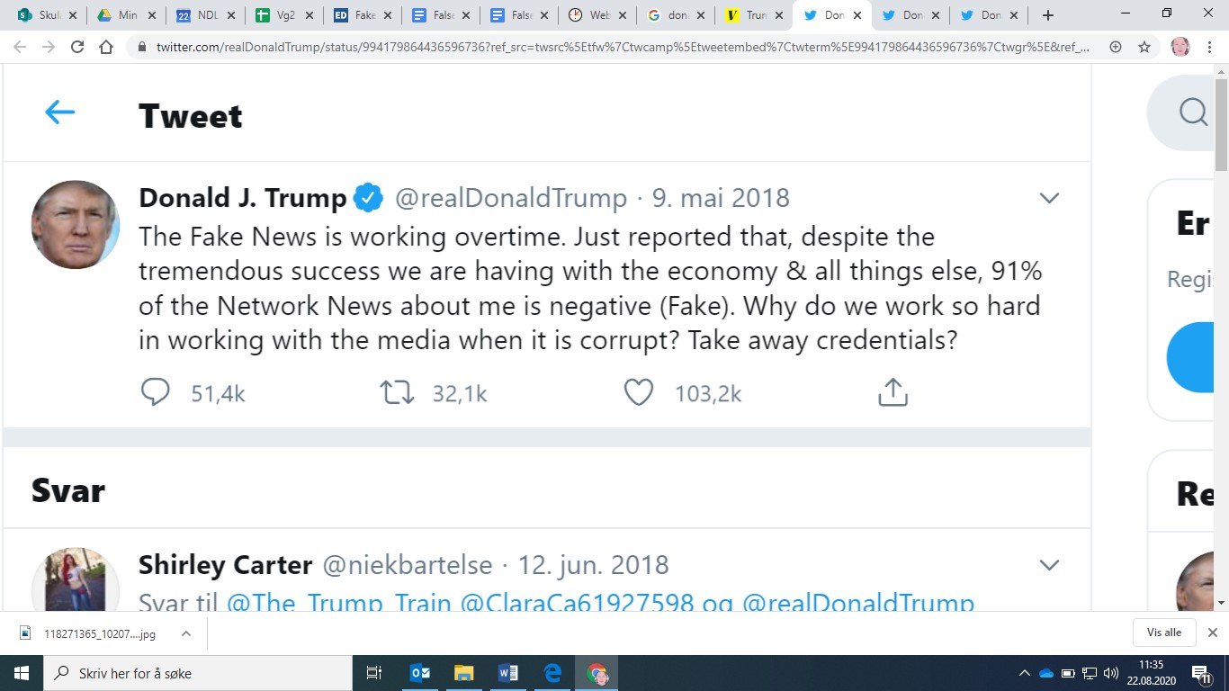 Donald Trump skriver på Twitter: "Falske nyheter jobber overtid. Rapporterte nettopp at trass i den enorme suksessen vi har med økonomien og alt annet, er 91 % av nyhetene om meg negative (feil). Hvorfor skal vi prøve så hardt å samarbeide med mediene når mediene er korrupte?" Skjermbilde fra Twitter. 