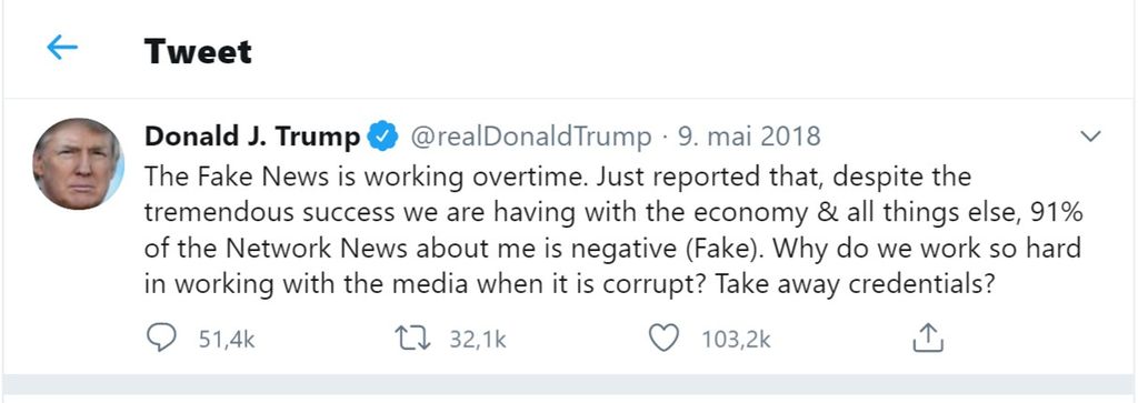 Donald Trump skriver på Twitter: "Falske nyheter jobber overtid. Rapporterte nettopp at trass i den enorme suksessen vi har med økonomien og alt annet, er 91 % av nyhetene om meg negative (feil). Hvorfor skal vi prøve så hardt å samarbeide med mediene når mediene er korrupte?" Skjermbilde fra Twitter.