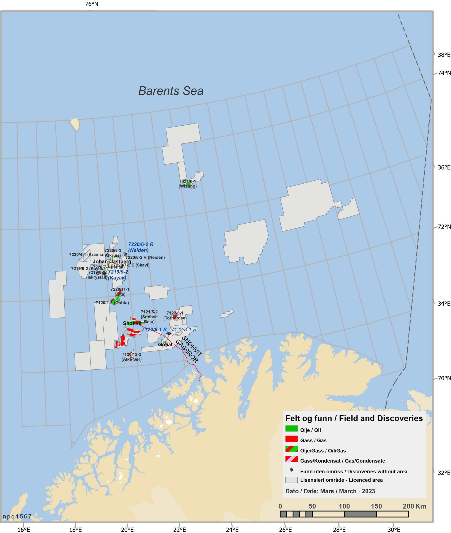 Utsnitt av kart over Barentshavet fra 2023. Illustrasjon.