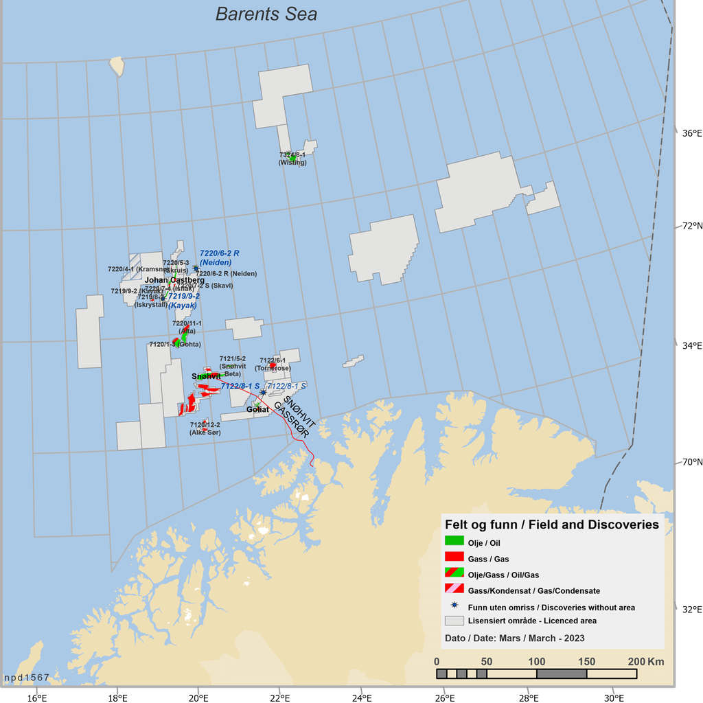 Utsnitt av kart over Barentshavet fra 2023. Illustrasjon.