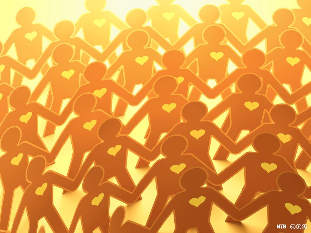 Rader av papirdukker som holder hverandre i hendene. Hver av dem har et tydelig hjerte. Illustrasjon.