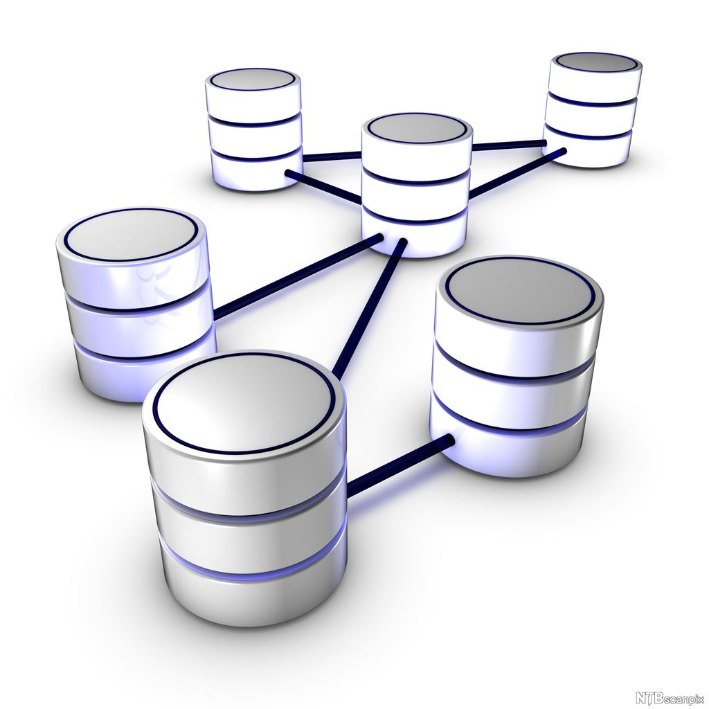 Seks  sølvfargede sylindre som er koblet sammen med svarte ledninger. Illustrasjon