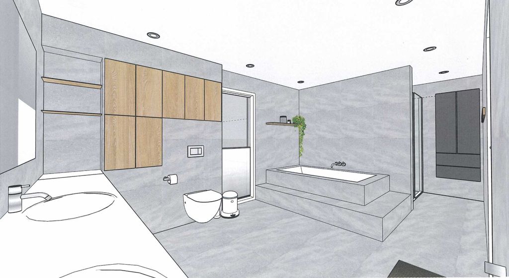 Fliselagt bad med dobbel servant, vegghengt toalett, innebygd badekar og dusjsone. Illustrasjon.