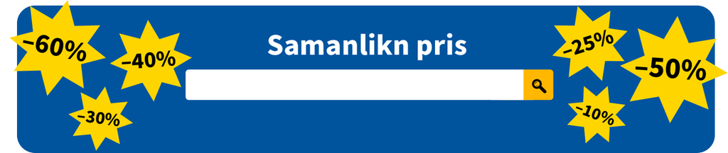 Prissøkmeny med teksten "Samanlikn pris" over eit søkefelt. I tillegg er det gule stjerner med ulike prosentrabattar på blå bakgrunn. Illustrasjon.