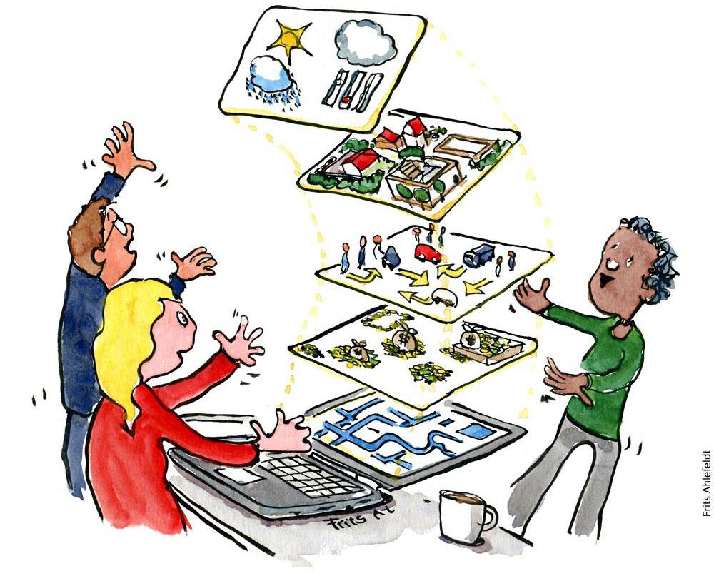 Tre personer lager flere lag av modeller på en datamaskin. Illustrasjon.