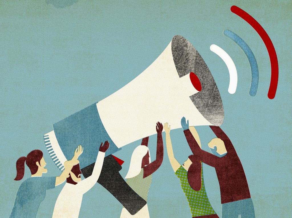 Personer holder en stor megafon. De skal reklamere for et produkt. Illustrasjon.