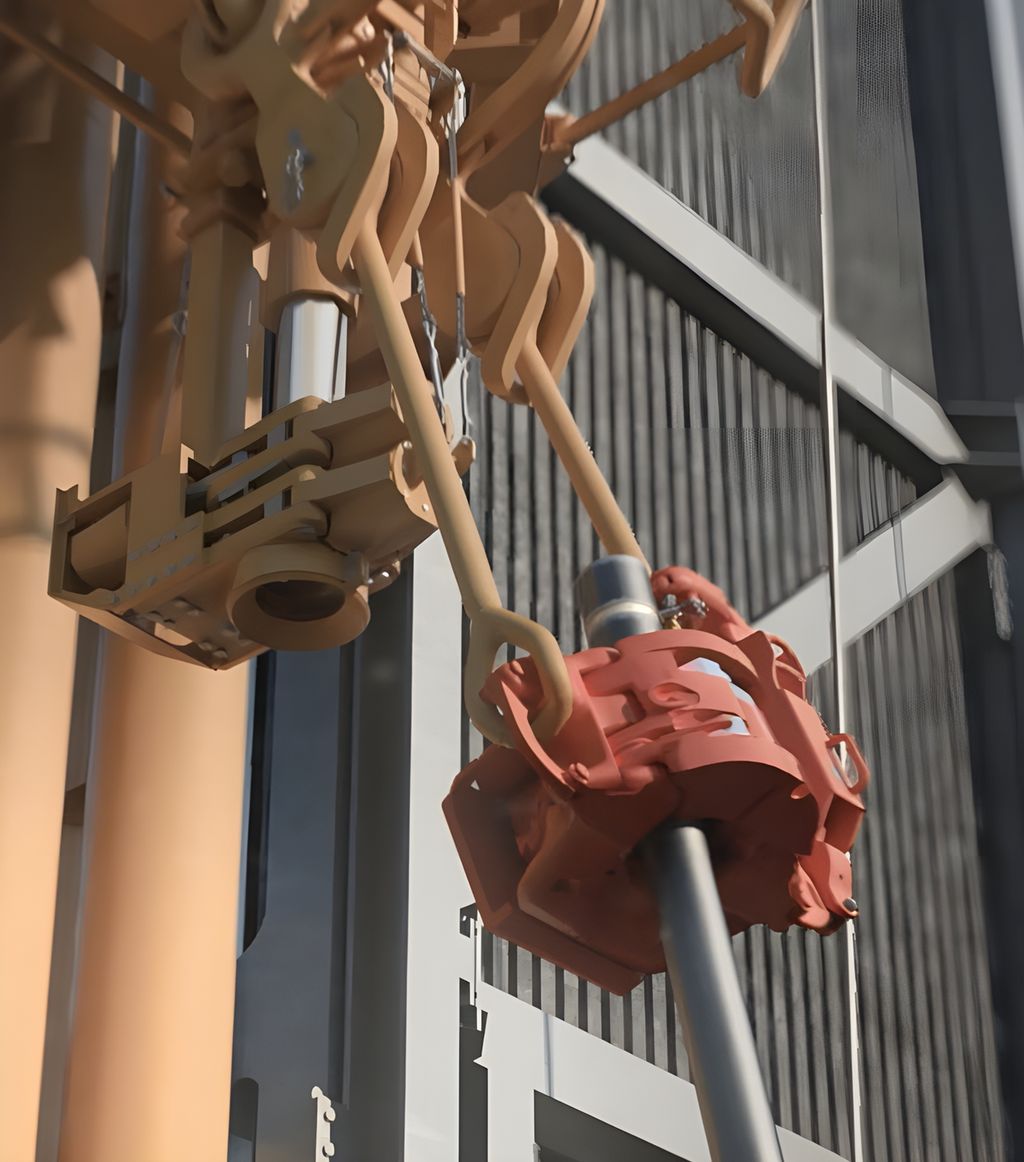 Bildet viser en rød elevator som er lukket rundt et rør. Elevatoren holder røret når topdriven heiser og senker det over brønnen. Foto.