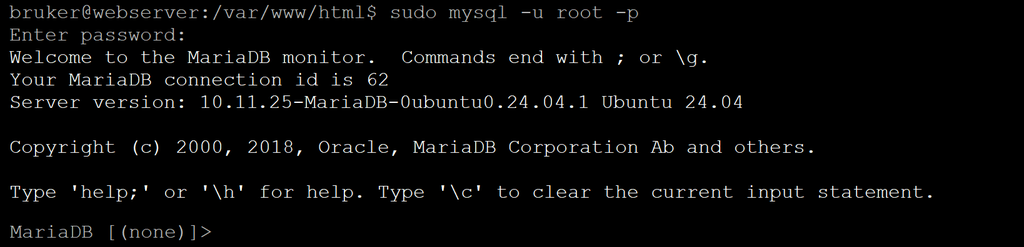 Linjer med statustekst for database, nederst står det "MariaDB [(none)]>". Skjermbilde.