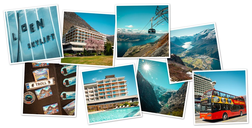 Flere ulike motiver fra Loen som viser turistbuss, fjord og fjell, suvenirer med troll på, Hotel Alexandra og Loen skylift. Foto.