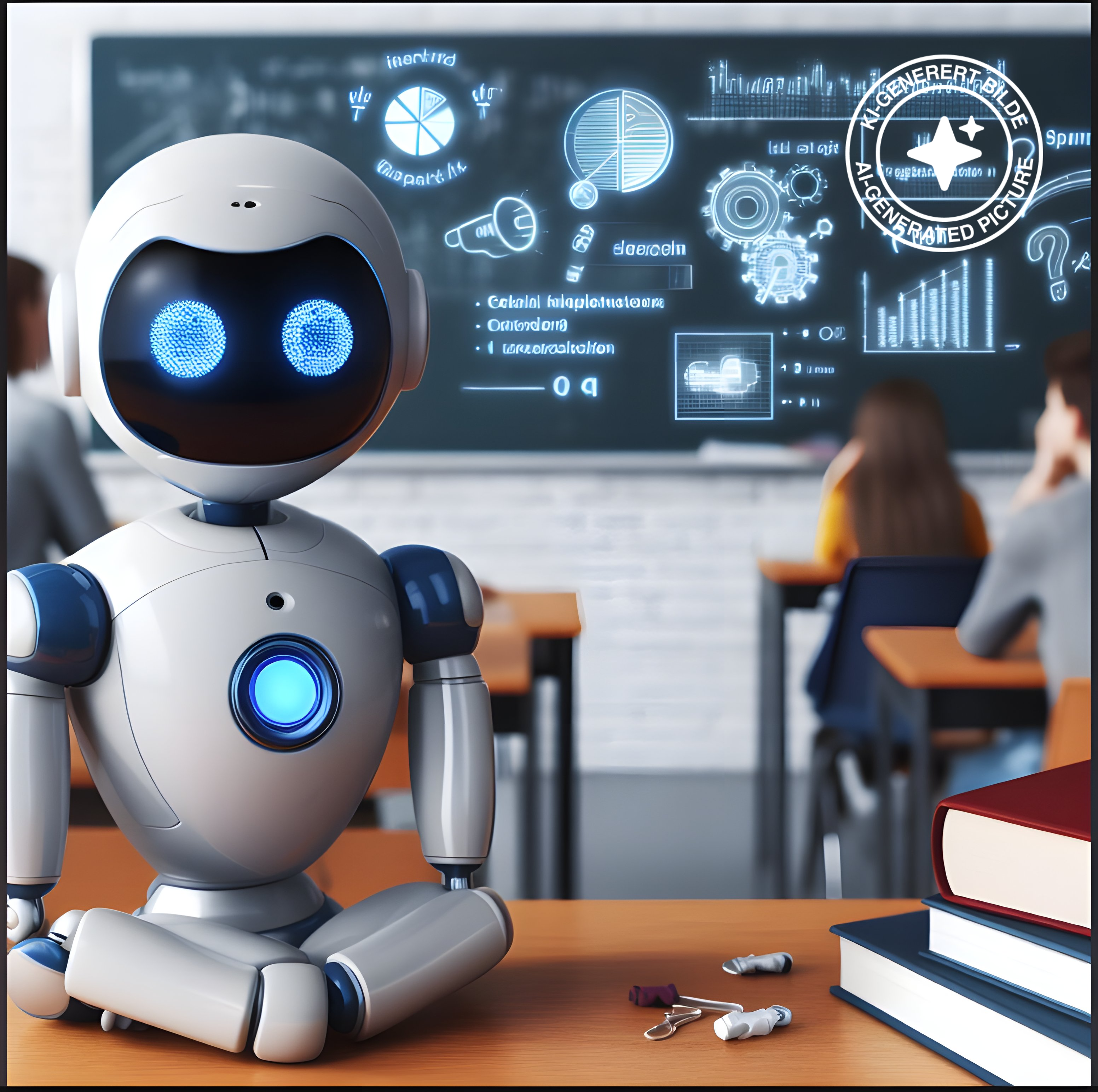 En robot i et klasserom. Elever ser på ei digital tavle i bakgrunnen. KI-foto.