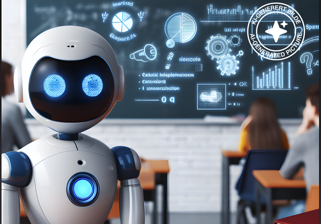 Ein robot i eit klasserom. Elevar ser på ei digital tavle i bakgrunnen. KI-foto.