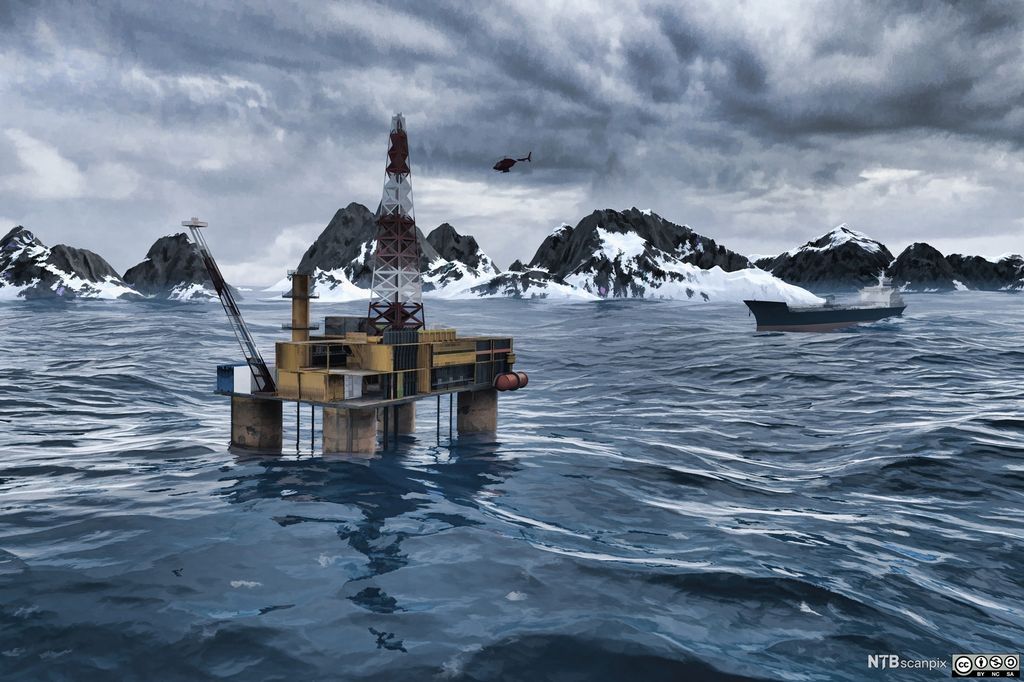 Oljeplattform i havet. Et skip går også på havet i nærheten. Det er snødekte fjell i bakgrunnen. Foto.